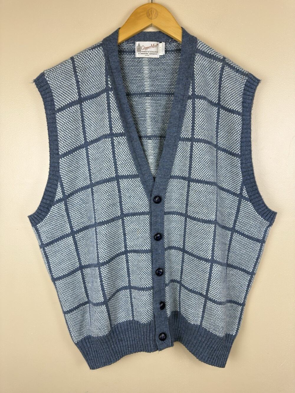 Vintage Clipper Mist Mens Sweater Vest Large Blue Plaid Button Up Knit Cardigan
